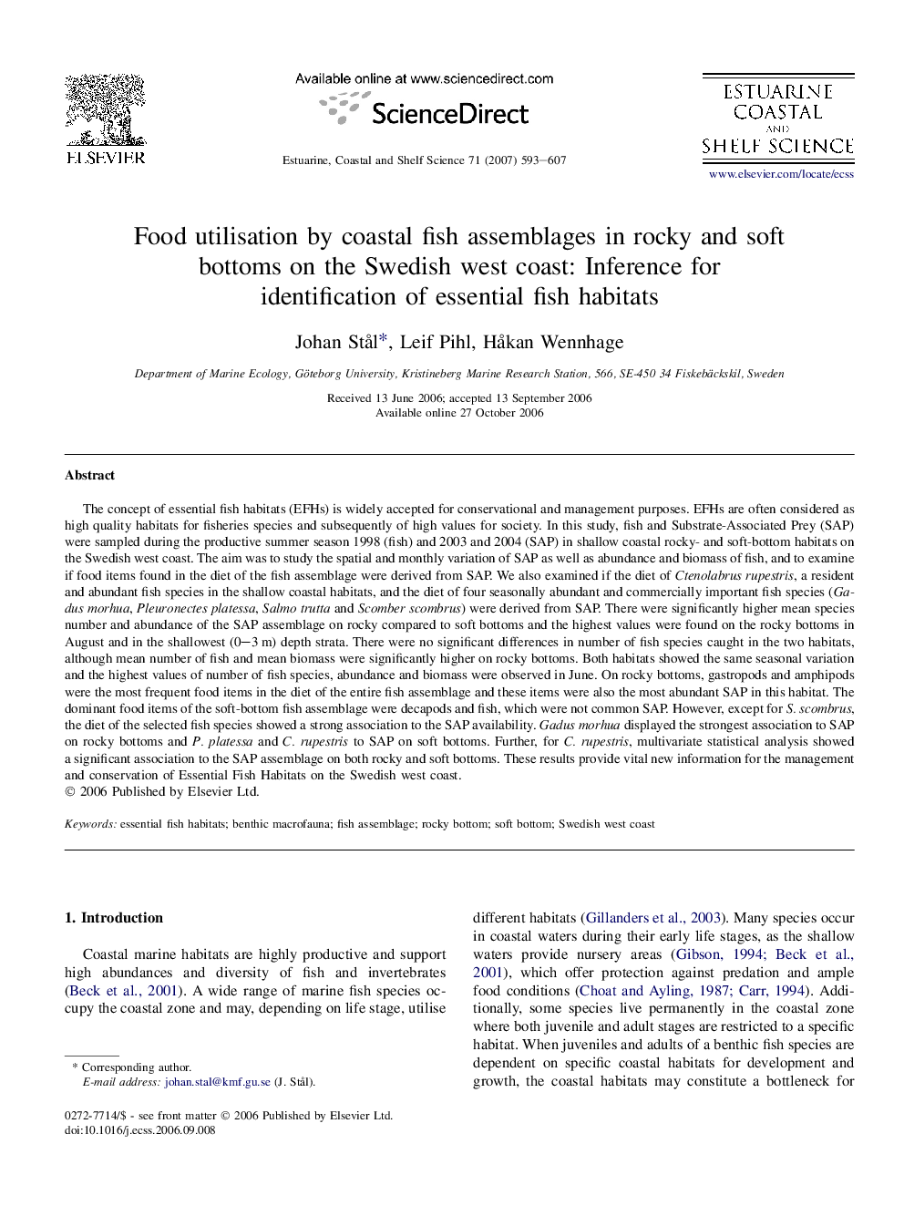 Food utilisation by coastal fish assemblages in rocky and soft bottoms on the Swedish west coast: Inference for identification of essential fish habitats