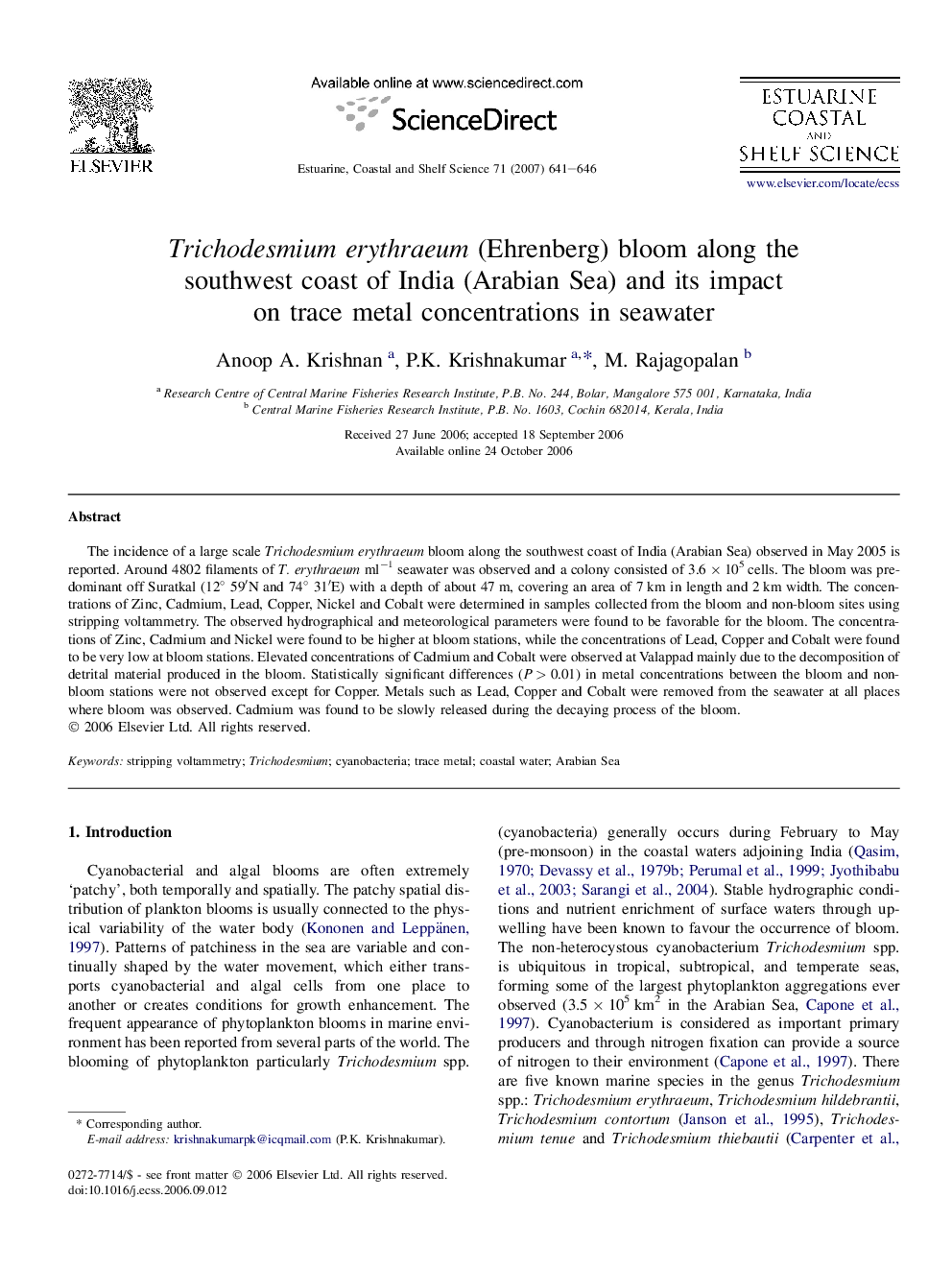 Trichodesmium erythraeum (Ehrenberg) bloom along the southwest coast of India (Arabian Sea) and its impact on trace metal concentrations in seawater