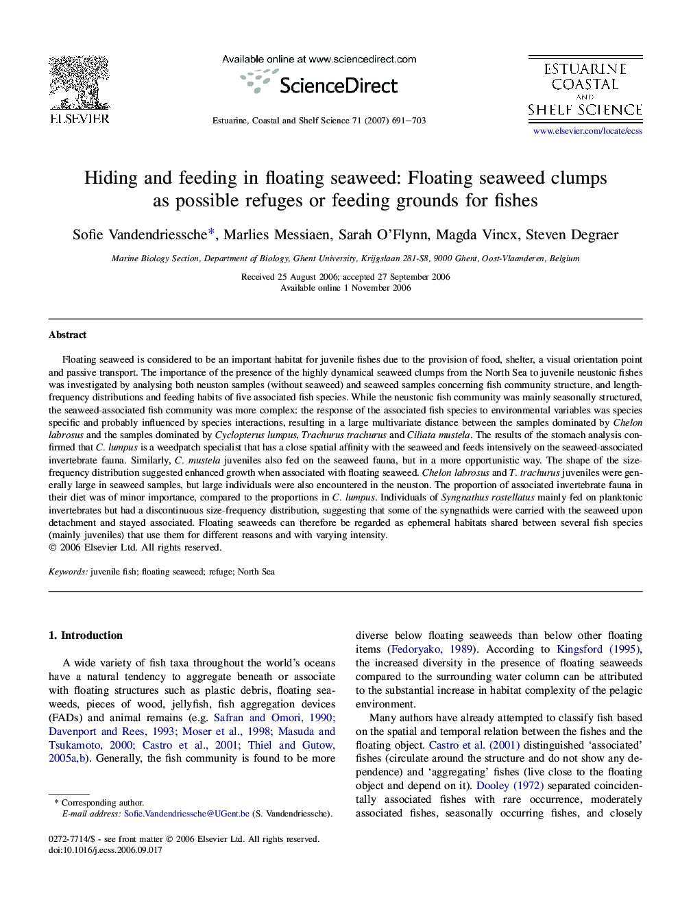 Hiding and feeding in floating seaweed: Floating seaweed clumps as possible refuges or feeding grounds for fishes