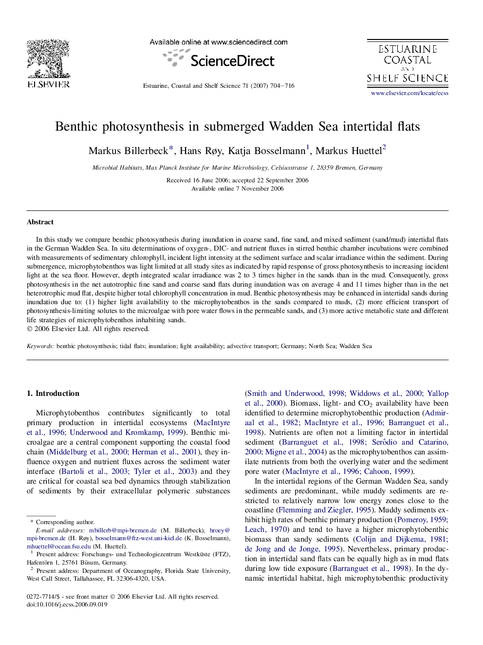 Benthic photosynthesis in submerged Wadden Sea intertidal flats