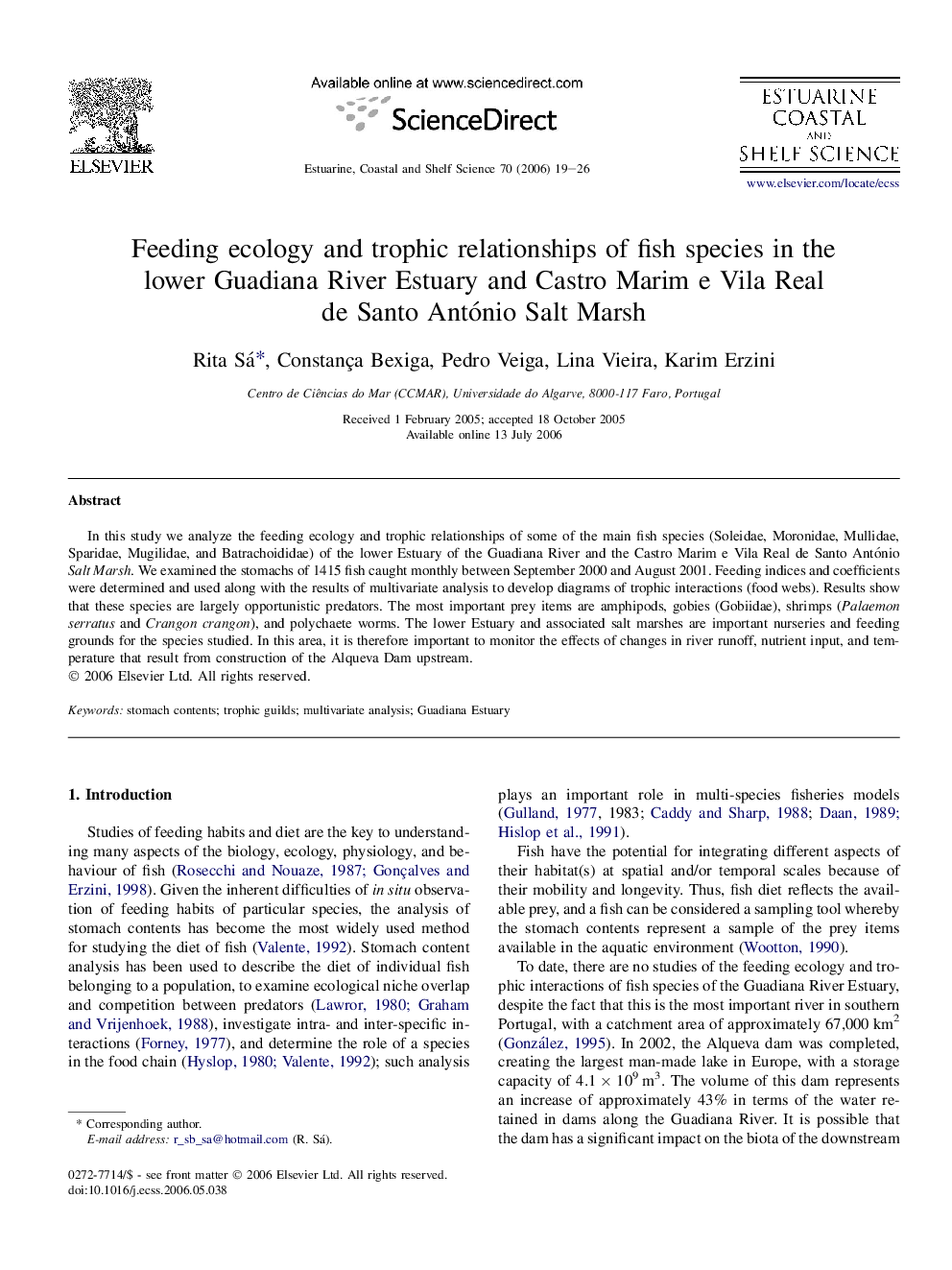 Feeding ecology and trophic relationships of fish species in the lower Guadiana River Estuary and Castro Marim e Vila Real de Santo António Salt Marsh