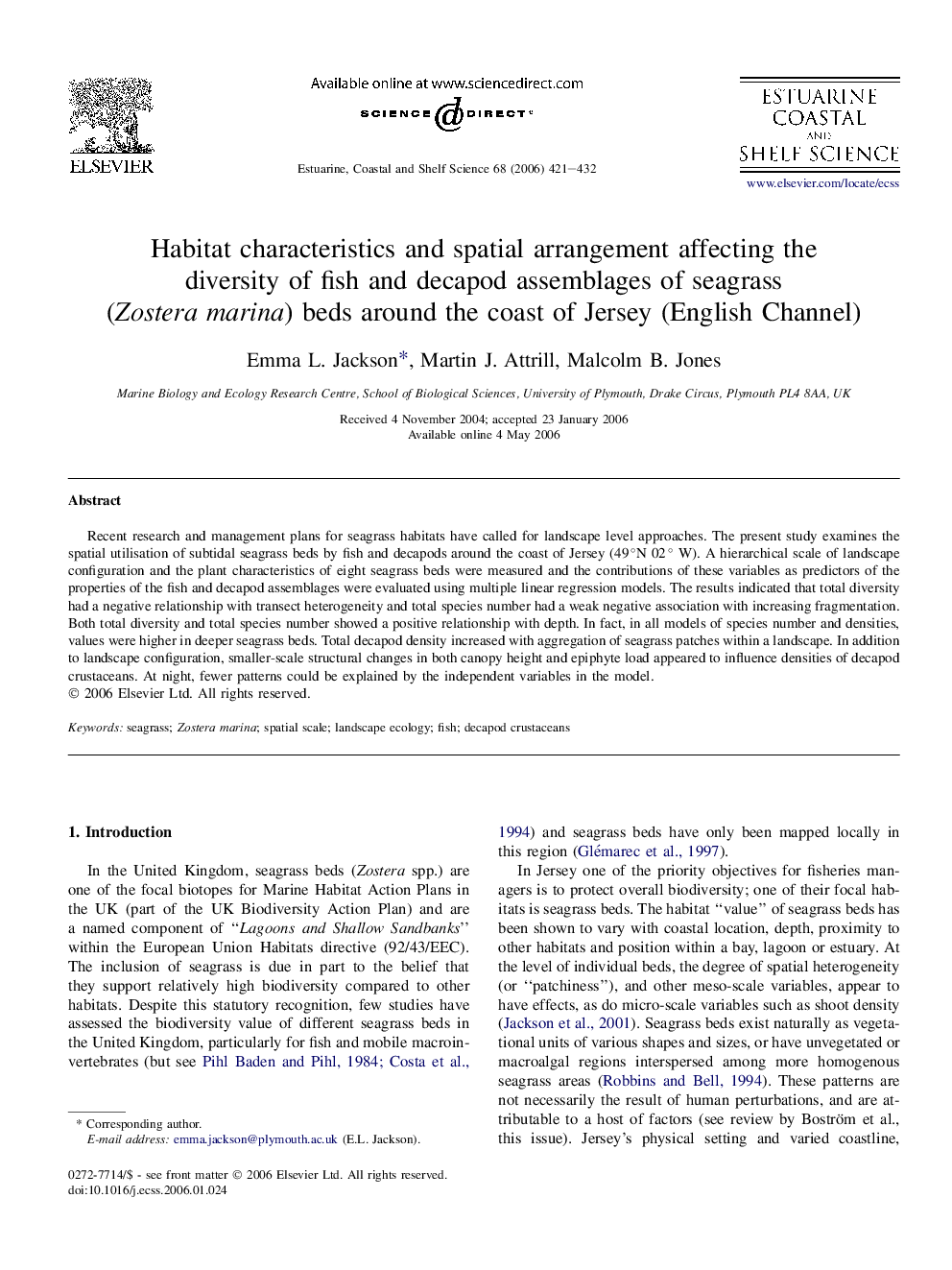 Habitat characteristics and spatial arrangement affecting the diversity of fish and decapod assemblages of seagrass (Zostera marina) beds around the coast of Jersey (English Channel)