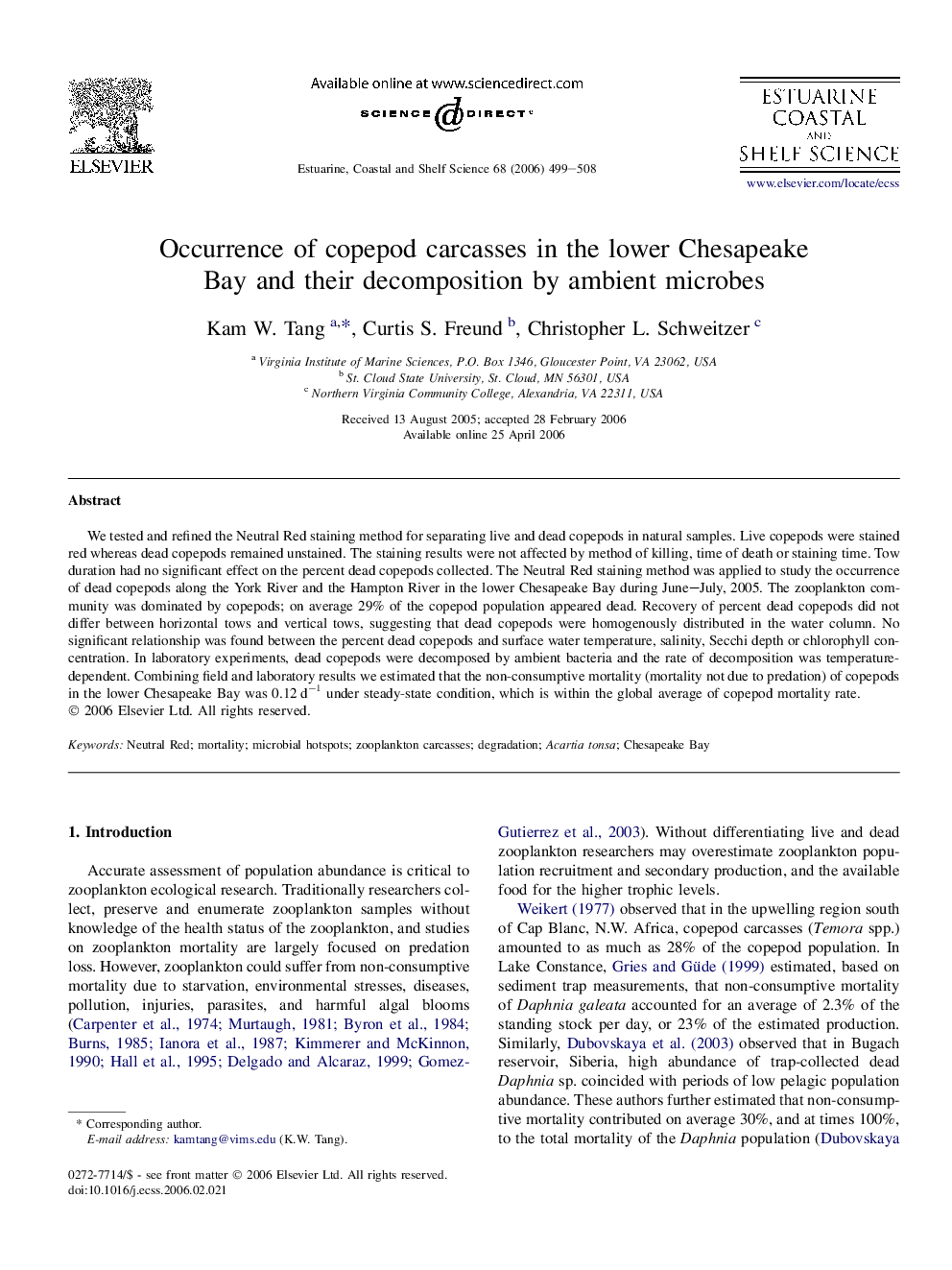 Occurrence of copepod carcasses in the lower Chesapeake Bay and their decomposition by ambient microbes