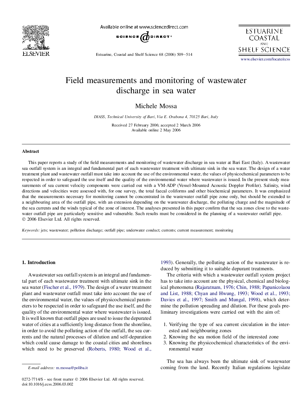 Field measurements and monitoring of wastewater discharge in sea water