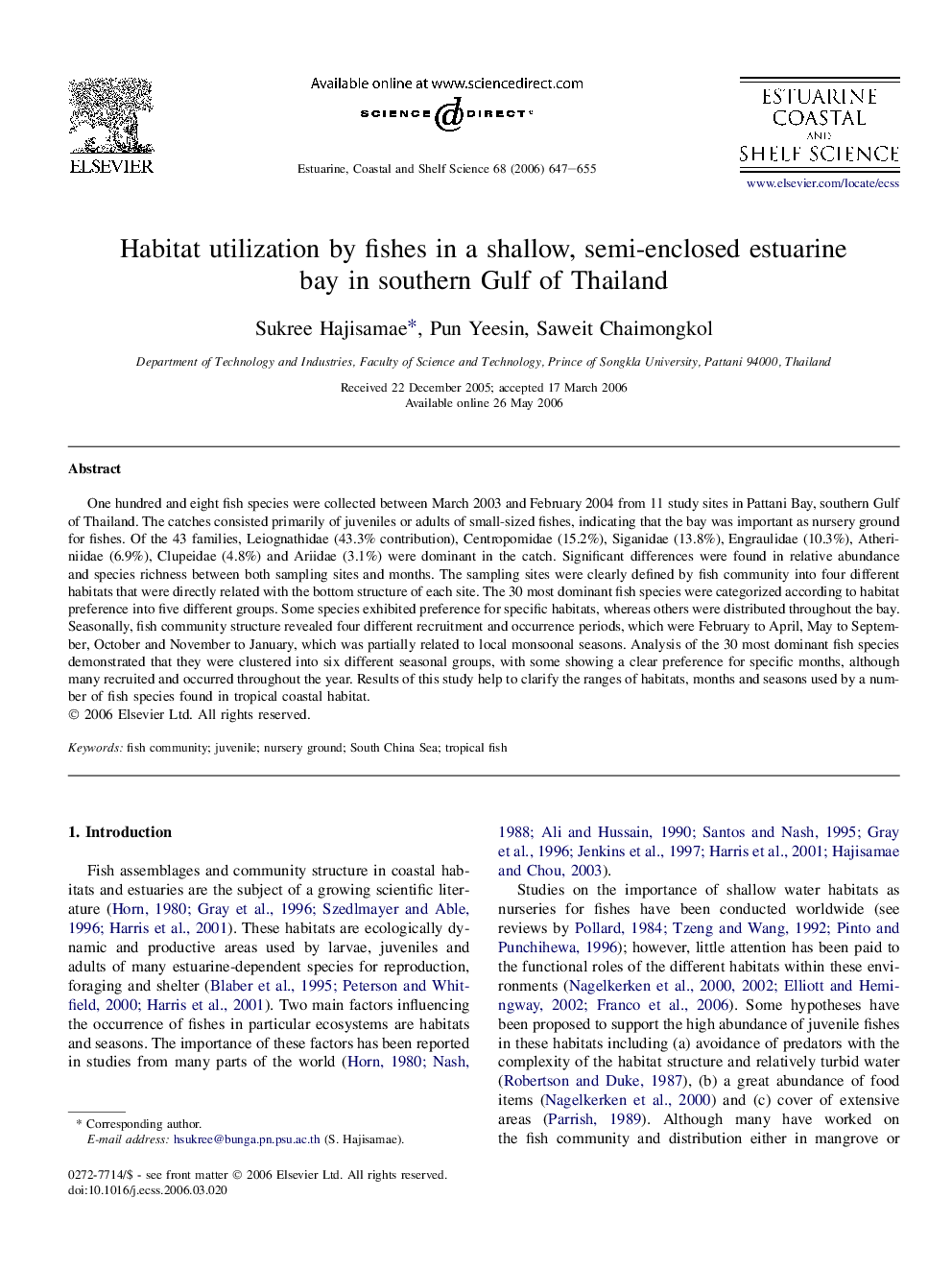 Habitat utilization by fishes in a shallow, semi-enclosed estuarine bay in southern Gulf of Thailand