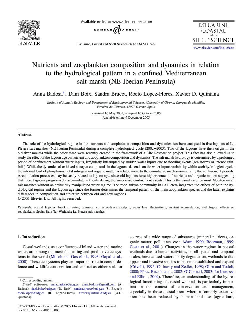 Nutrients and zooplankton composition and dynamics in relation to the hydrological pattern in a confined Mediterranean salt marsh (NE Iberian Peninsula)