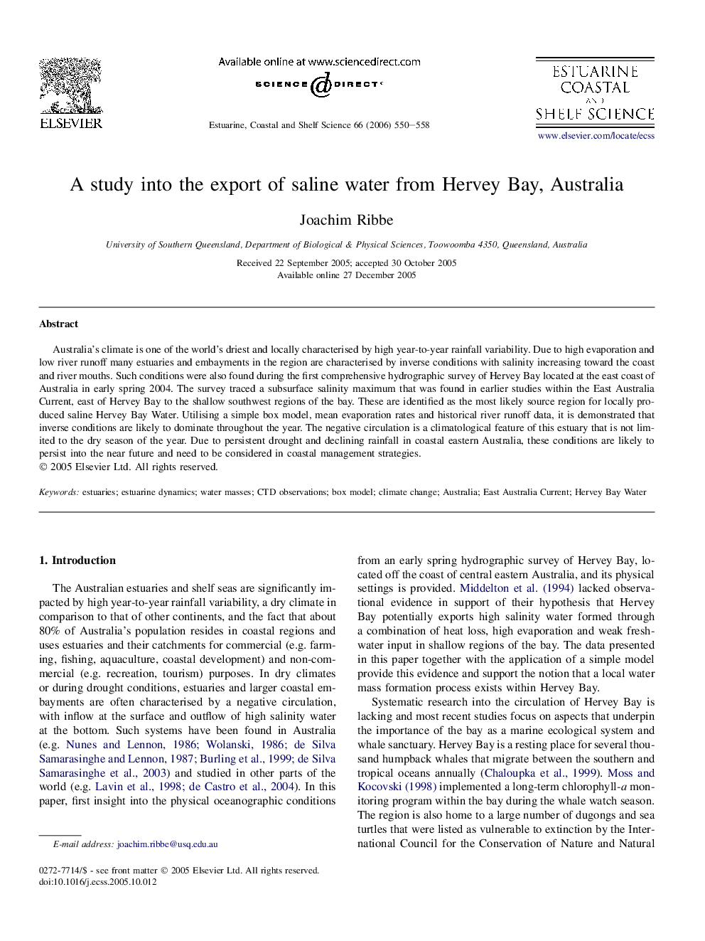 A study into the export of saline water from Hervey Bay, Australia