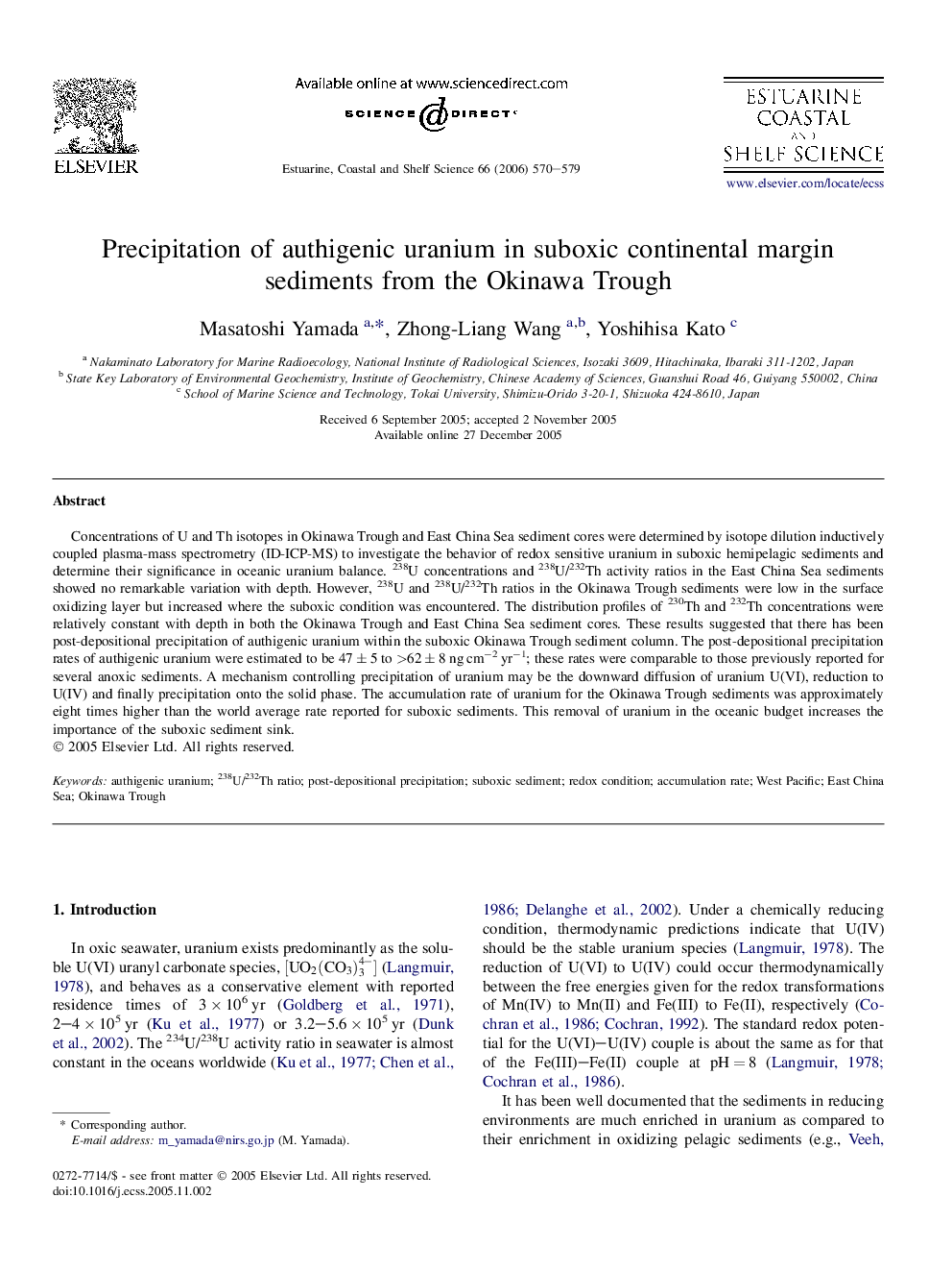 Precipitation of authigenic uranium in suboxic continental margin sediments from the Okinawa Trough