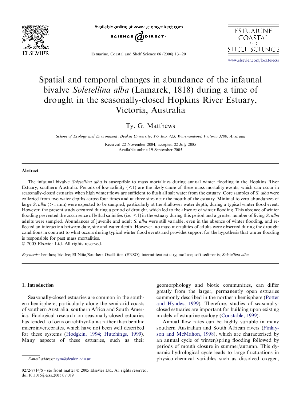 Spatial and temporal changes in abundance of the infaunal bivalve Soletellina alba (Lamarck, 1818) during a time of drought in the seasonally-closed Hopkins River Estuary, Victoria, Australia