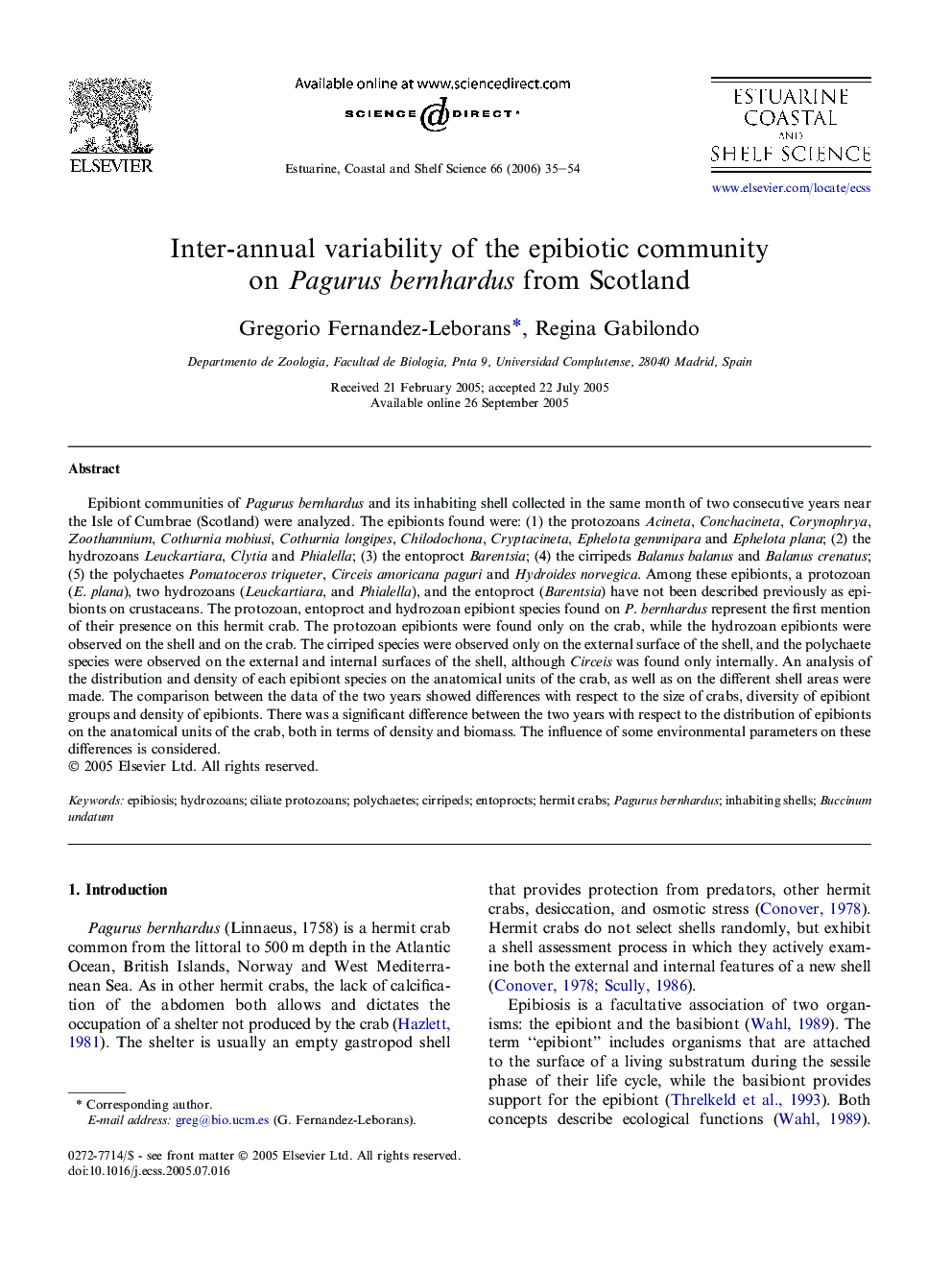 Inter-annual variability of the epibiotic community on Pagurus bernhardus from Scotland