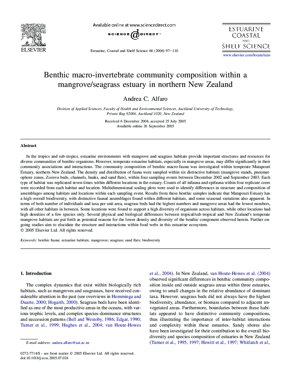 Benthic macro-invertebrate community composition within a mangrove/seagrass estuary in northern New Zealand