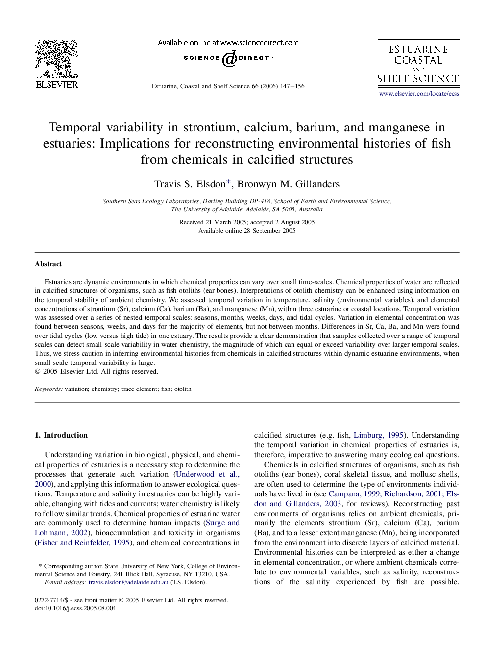 Temporal variability in strontium, calcium, barium, and manganese in estuaries: Implications for reconstructing environmental histories of fish from chemicals in calcified structures