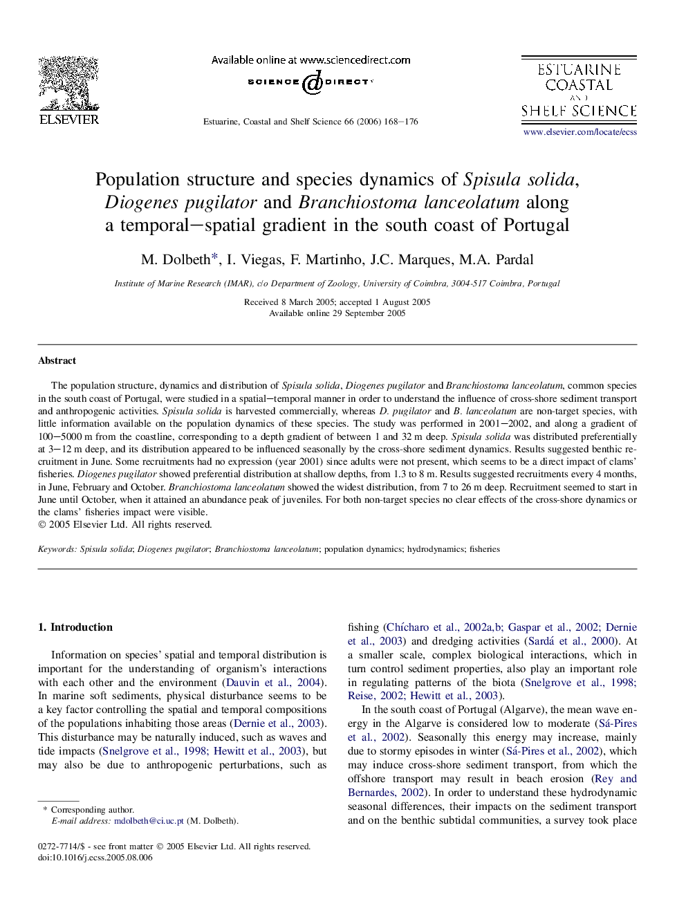 Population structure and species dynamics of Spisula solida, Diogenes pugilator and Branchiostoma lanceolatum along a temporal–spatial gradient in the south coast of Portugal