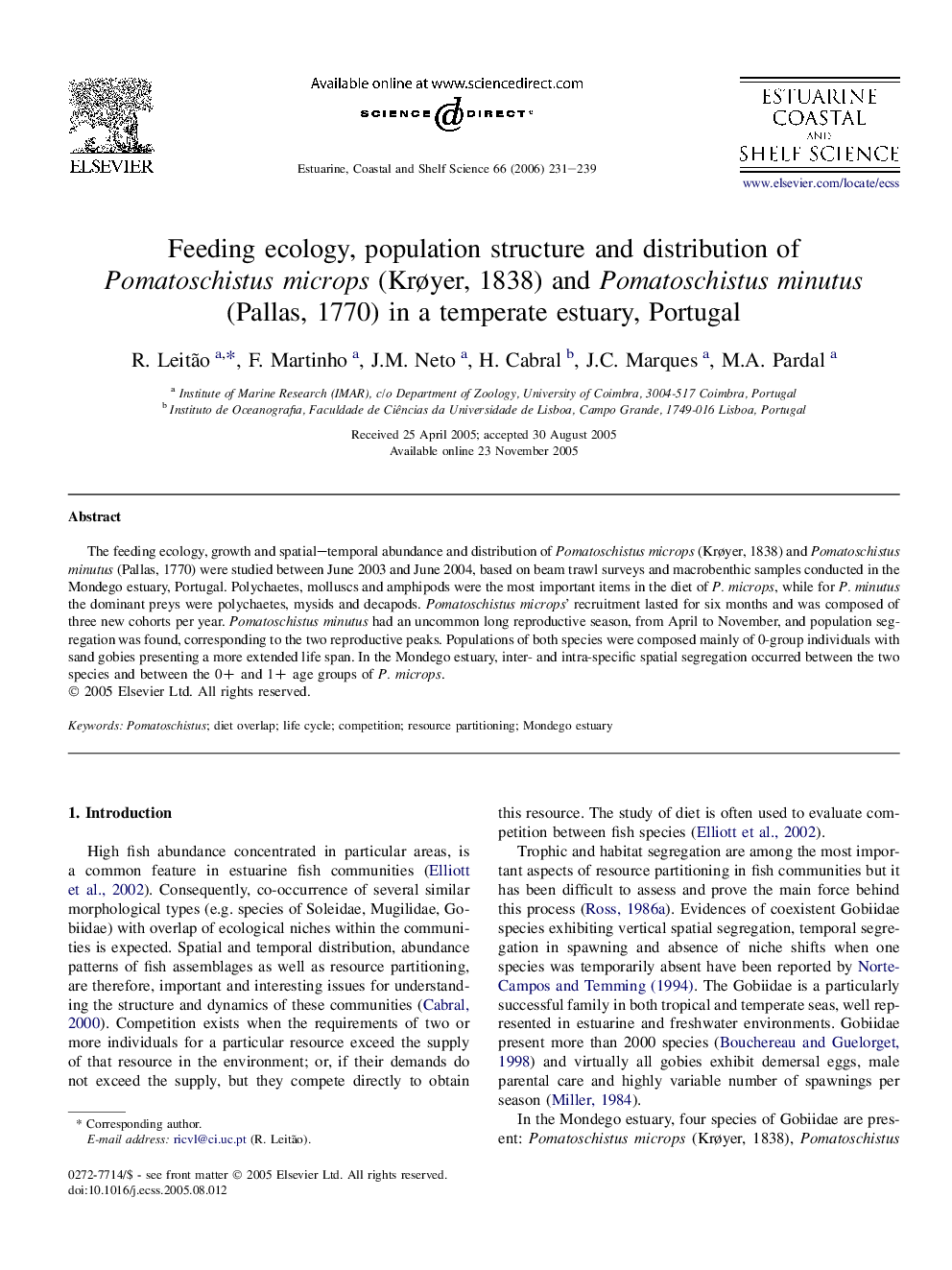 Feeding ecology, population structure and distribution of Pomatoschistus microps (Krøyer, 1838) and Pomatoschistus minutus (Pallas, 1770) in a temperate estuary, Portugal