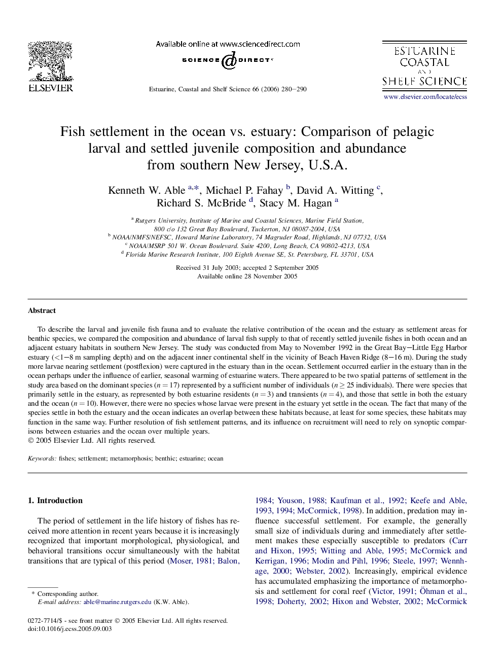 Fish settlement in the ocean vs. estuary: Comparison of pelagic larval and settled juvenile composition and abundance from southern New Jersey, U.S.A.