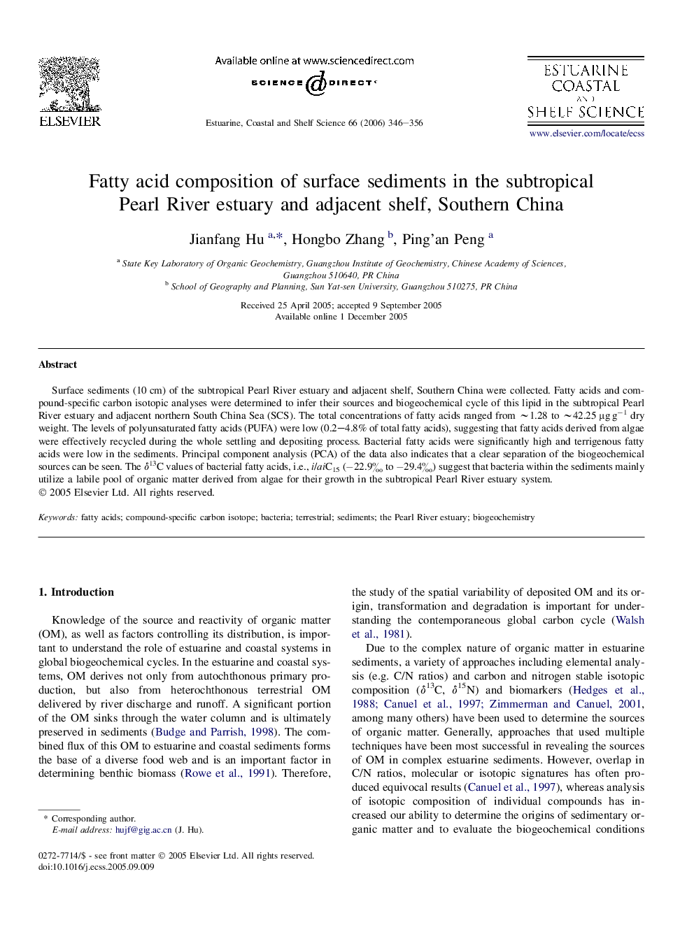 Fatty acid composition of surface sediments in the subtropical Pearl River estuary and adjacent shelf, Southern China