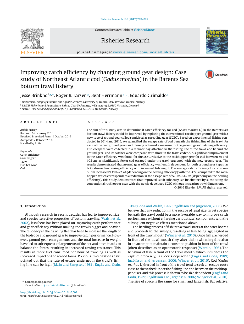 بهبود بهره وری صید با تغییر طراحی دنده زمین: مطالعه موردی از شمال شرقی اقیانوس اطلس COD (Gadus morhua) در دریای شیلات ترال پایین بارنتز 