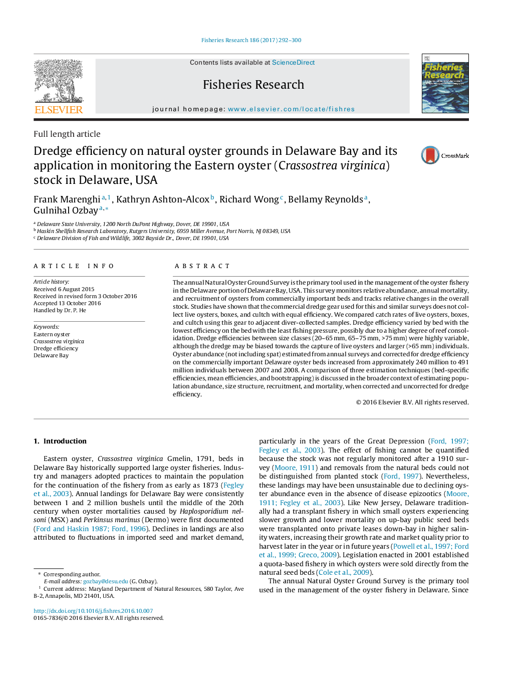بهره وری لایروبی در زمینه های اویستر طبیعی در خلیج دلاویر و کاربرد آن در نظارت بر ذخایر اویستر شرقی (Crassostrea virginica) در دلاور، ایالات متحده