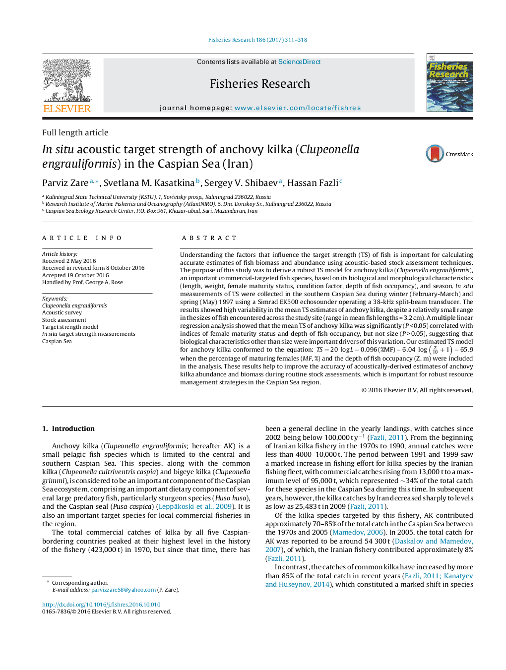 In situ acoustic target strength of anchovy kilka (Clupeonella engrauliformis) in the Caspian Sea (Iran)