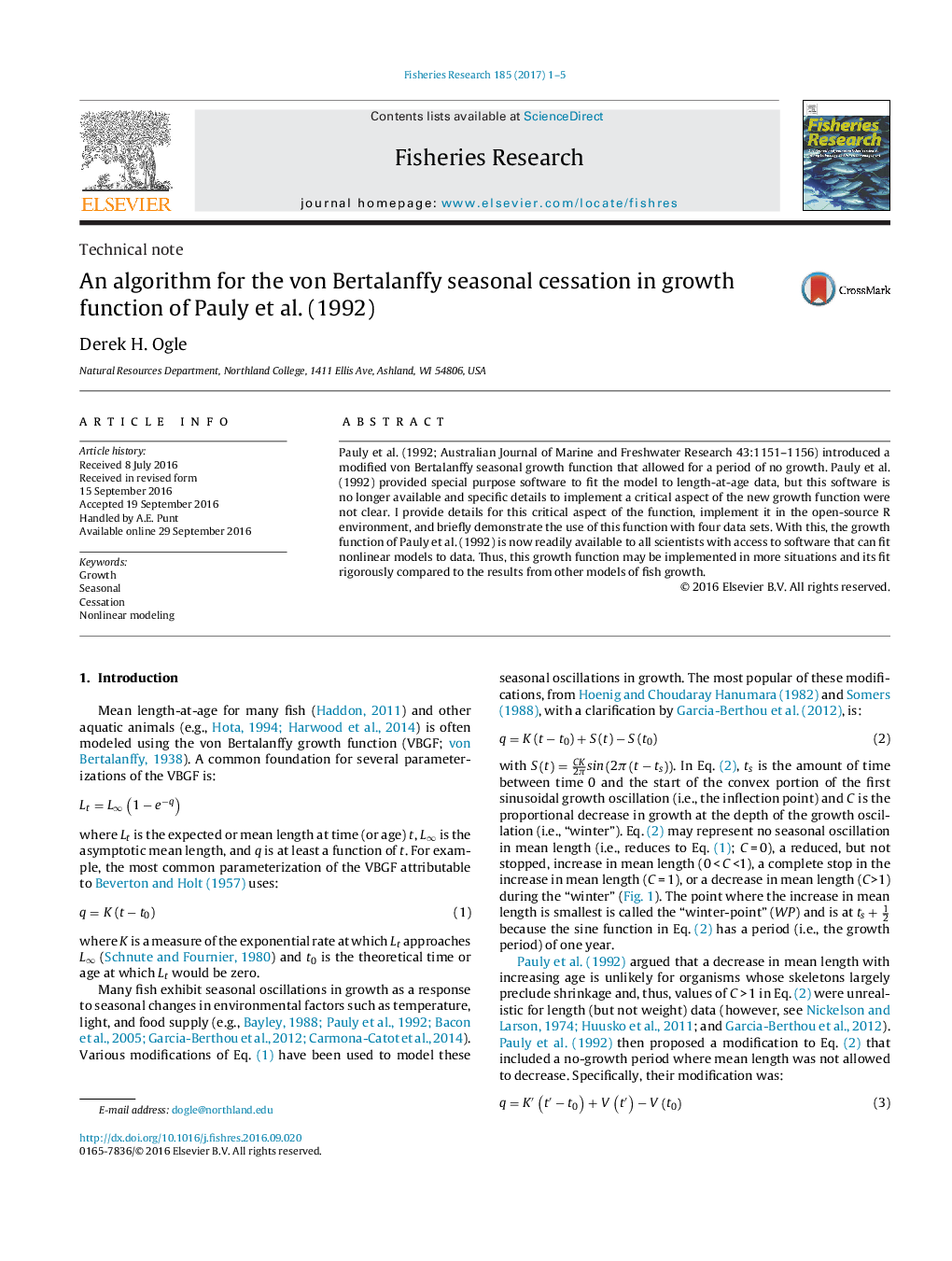 An algorithm for the von Bertalanffy seasonal cessation in growth function of Pauly et al. (1992)