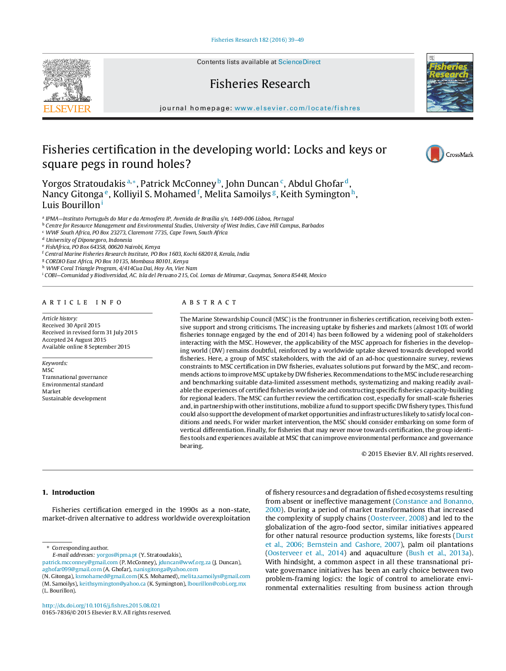 Fisheries certification in the developing world: Locks and keys or square pegs in round holes?