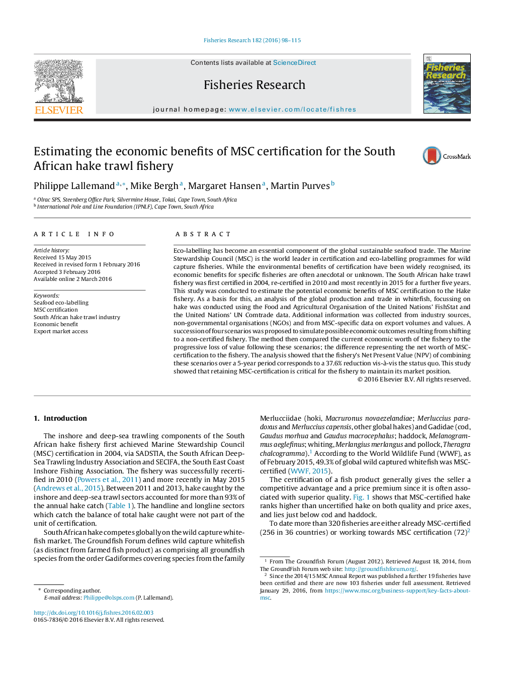 Estimating the economic benefits of MSC certification for the South African hake trawl fishery