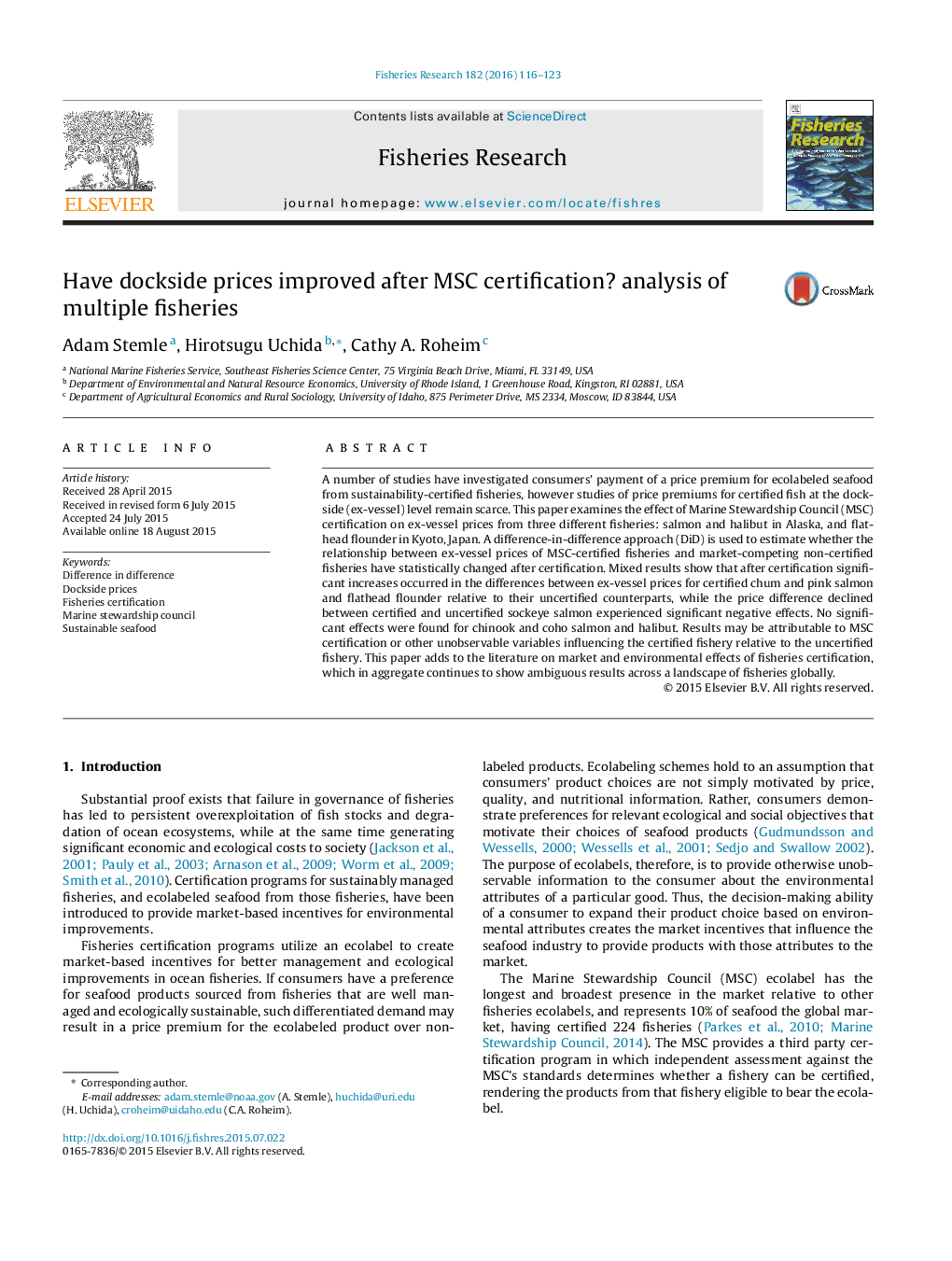 Have dockside prices improved after MSC certification? analysis of multiple fisheries