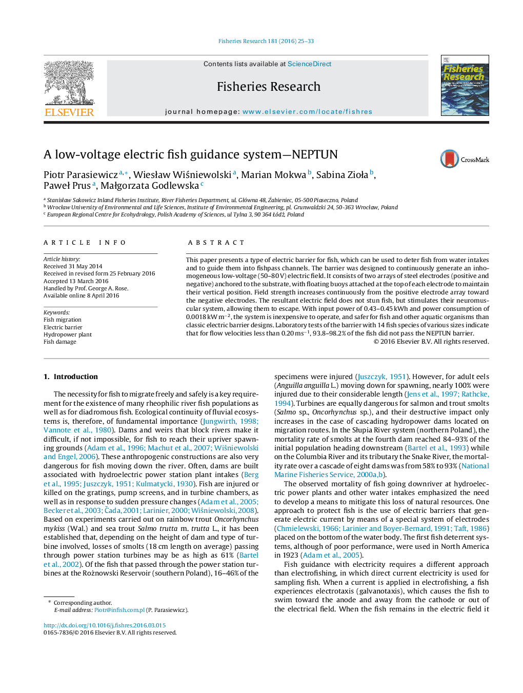 A low-voltage electric fish guidance system—NEPTUN