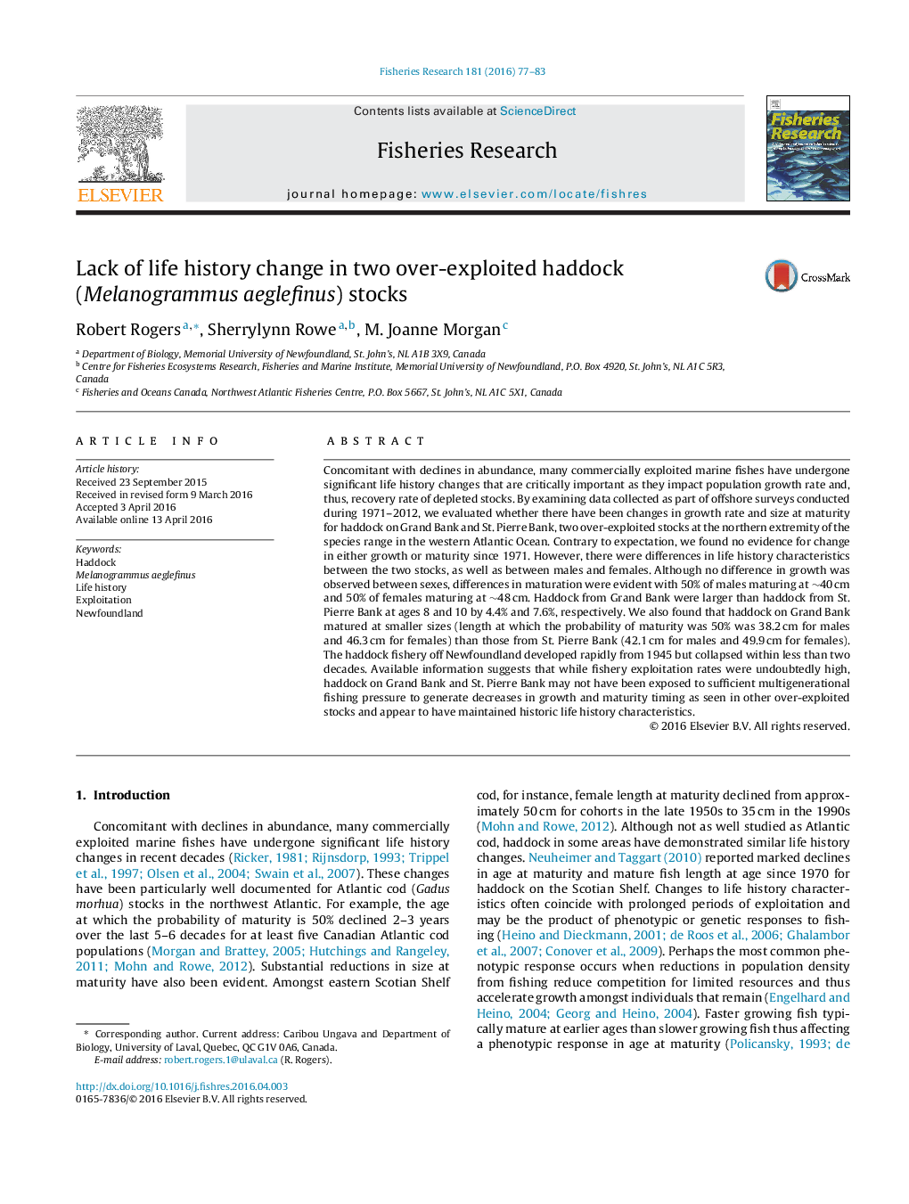 Lack of life history change in two over-exploited haddock (Melanogrammus aeglefinus) stocks