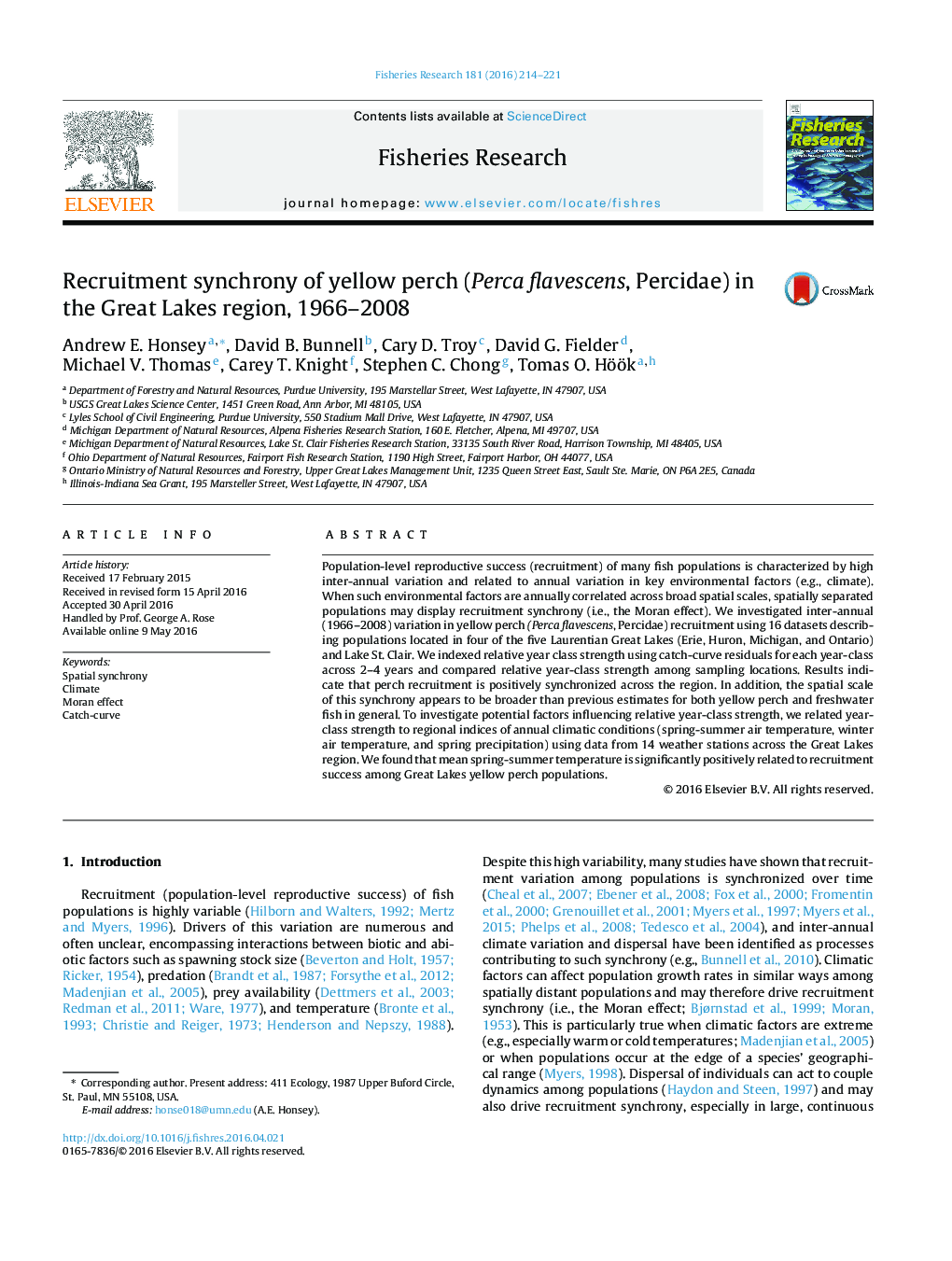 Recruitment synchrony of yellow perch (Perca flavescens, Percidae) in the Great Lakes region, 1966–2008