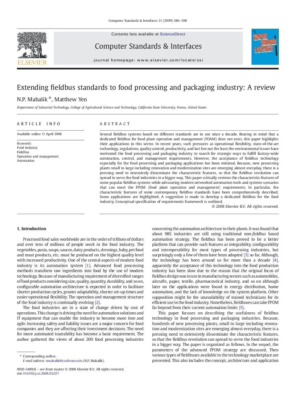 Extending fieldbus standards to food processing and packaging industry: A review