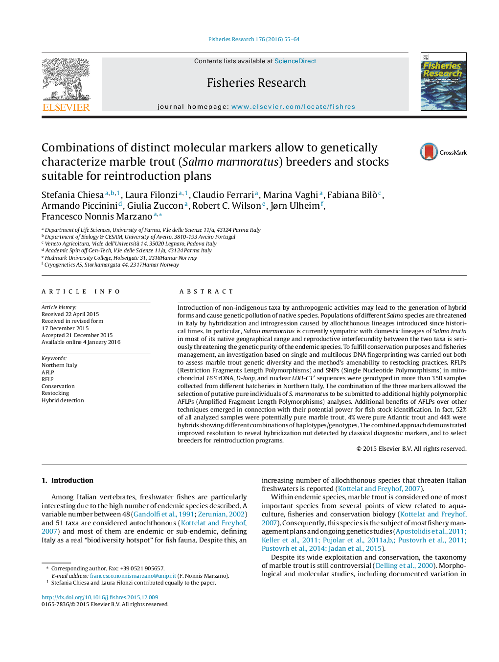 Combinations of distinct molecular markers allow to genetically characterize marble trout (Salmo marmoratus) breeders and stocks suitable for reintroduction plans