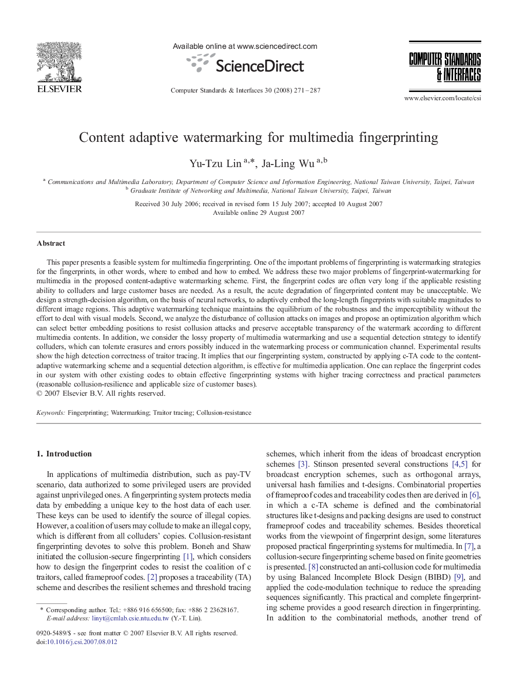 Content adaptive watermarking for multimedia fingerprinting