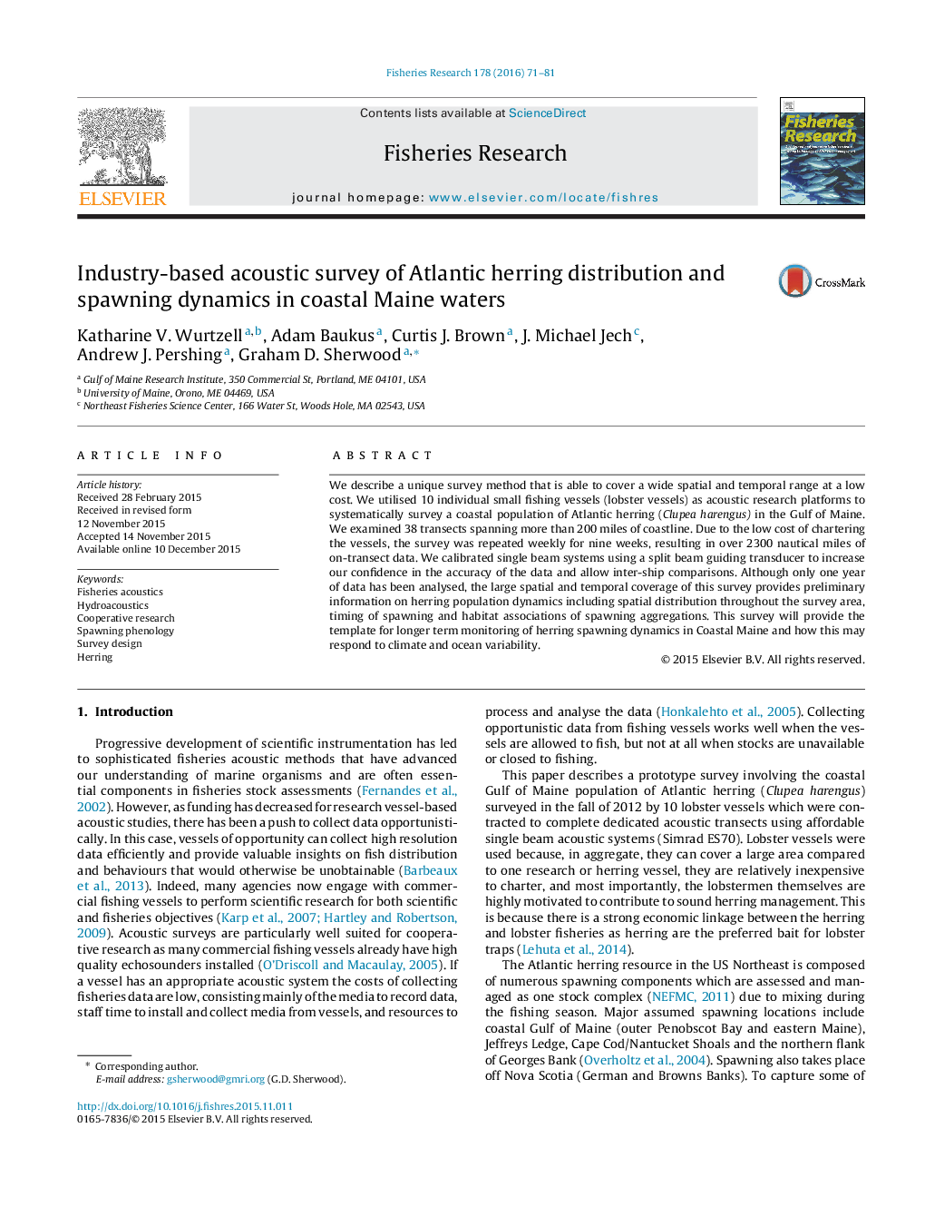 Industry-based acoustic survey of Atlantic herring distribution and spawning dynamics in coastal Maine waters