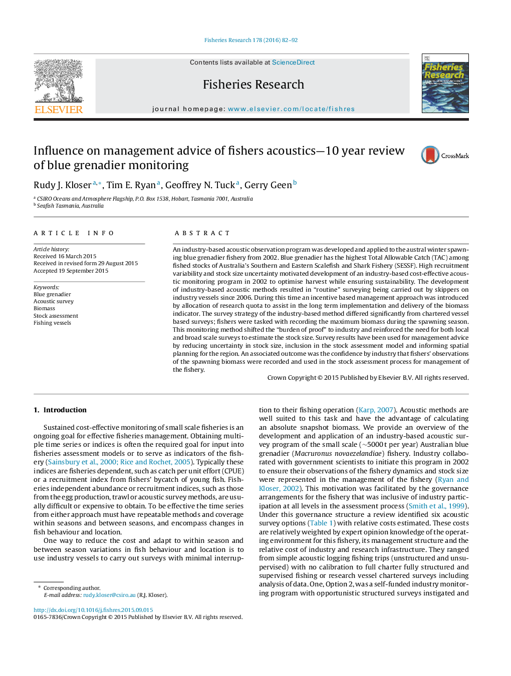 Influence on management advice of fishers acoustics—10 year review of blue grenadier monitoring