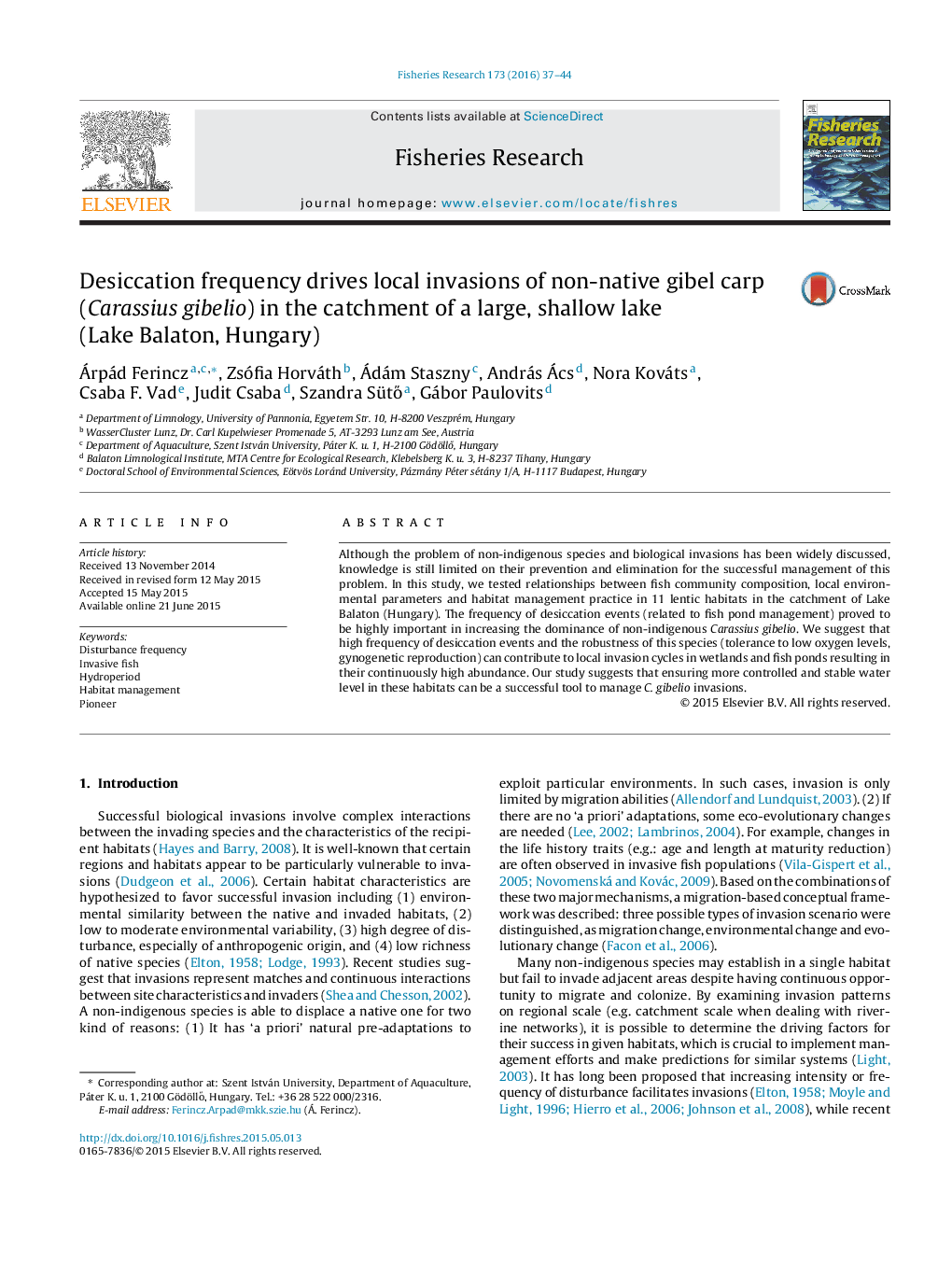 Desiccation frequency drives local invasions of non-native gibel carp (Carassius gibelio) in the catchment of a large, shallow lake (Lake Balaton, Hungary)