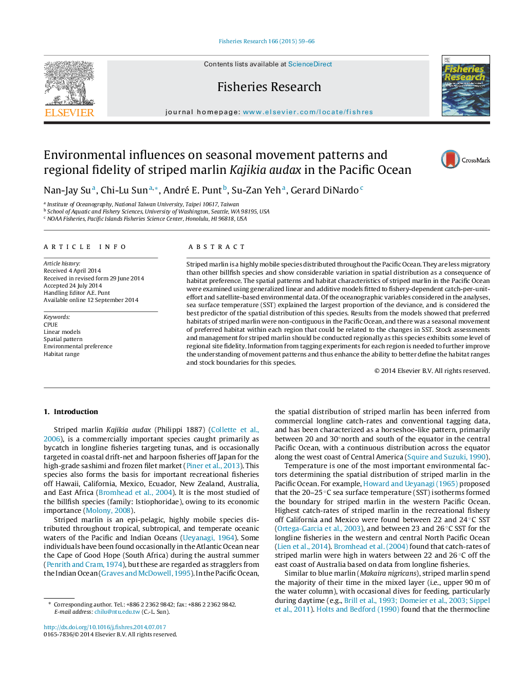 Environmental influences on seasonal movement patterns and regional fidelity of striped marlin Kajikia audax in the Pacific Ocean