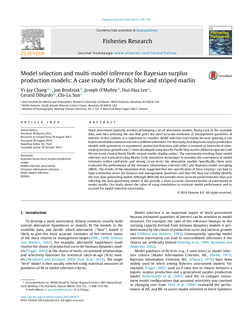 انتخاب مدل و استنتاج چند مدل برای مدل های تولید مازاد بیزی: یک مطالعه مورد برای مارلین آبی و راه آبی اقیانوس آرام 