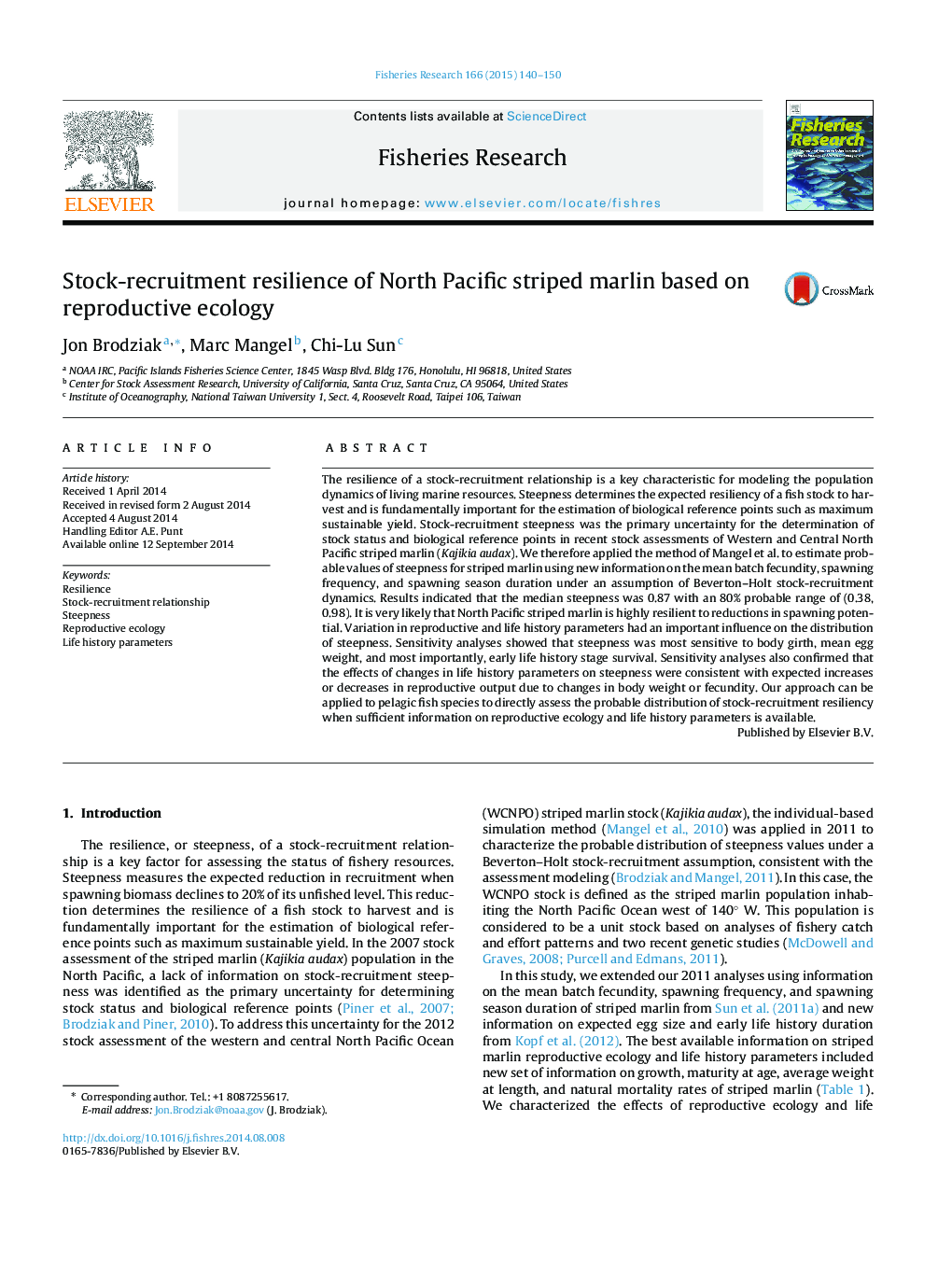 Stock-recruitment resilience of North Pacific striped marlin based on reproductive ecology