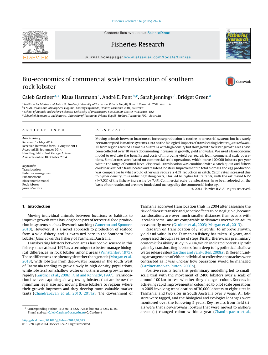 Bio-economics of commercial scale translocation of southern rock lobster