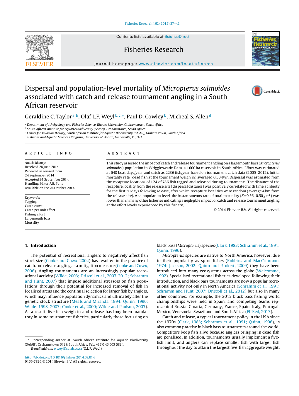 Dispersal and population-level mortality of Micropterus salmoides associated with catch and release tournament angling in a South African reservoir