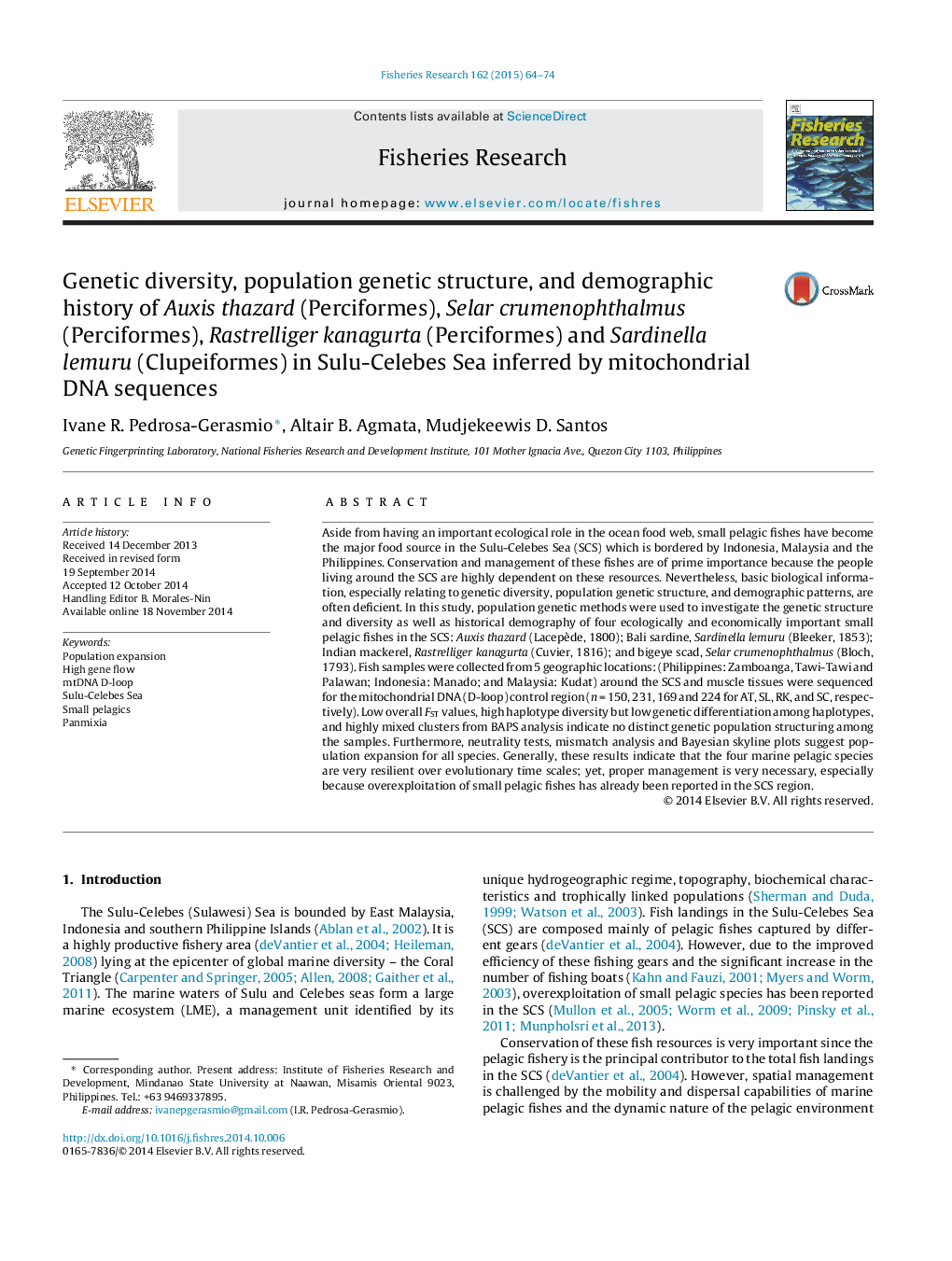 Genetic diversity, population genetic structure, and demographic history of Auxis thazard (Perciformes), Selar crumenophthalmus (Perciformes), Rastrelliger kanagurta (Perciformes) and Sardinella lemuru (Clupeiformes) in Sulu-Celebes Sea inferred by mitoch