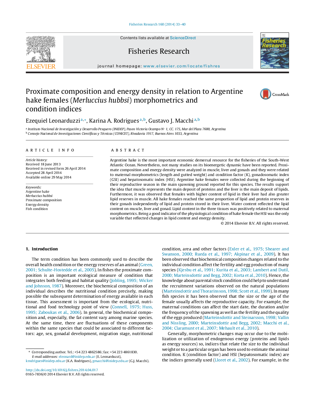 Proximate composition and energy density in relation to Argentine hake females (Merluccius hubbsi) morphometrics and condition indices