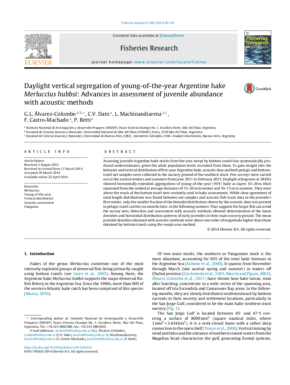 Daylight vertical segregation of young-of-the-year Argentine hake Merluccius hubbsi: Advances in assessment of juvenile abundance with acoustic methods