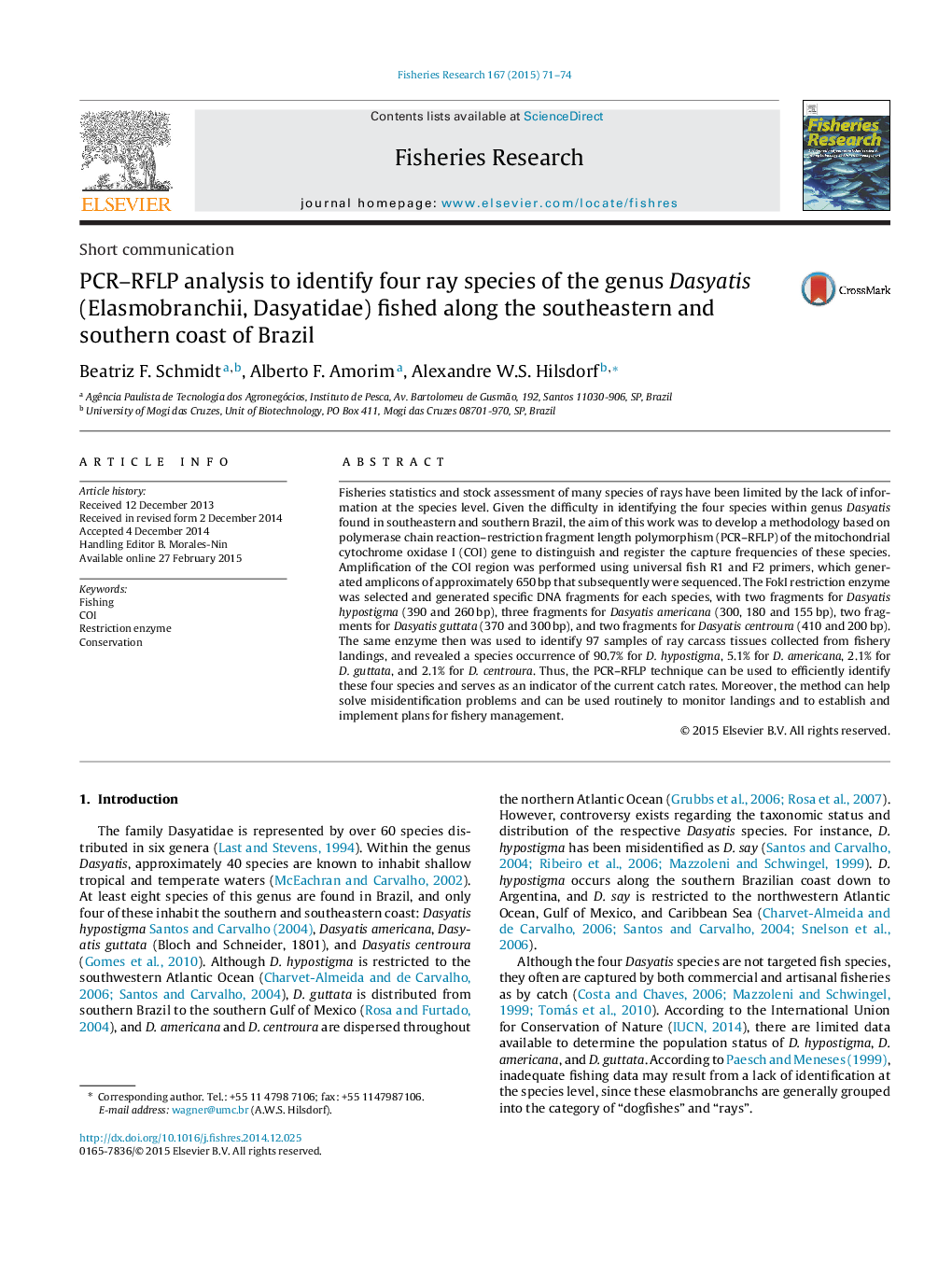 PCR–RFLP analysis to identify four ray species of the genus Dasyatis (Elasmobranchii, Dasyatidae) fished along the southeastern and southern coast of Brazil