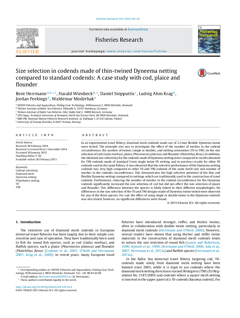 Size selection in codends made of thin-twined Dyneema netting compared to standard codends: A case study with cod, plaice and flounder