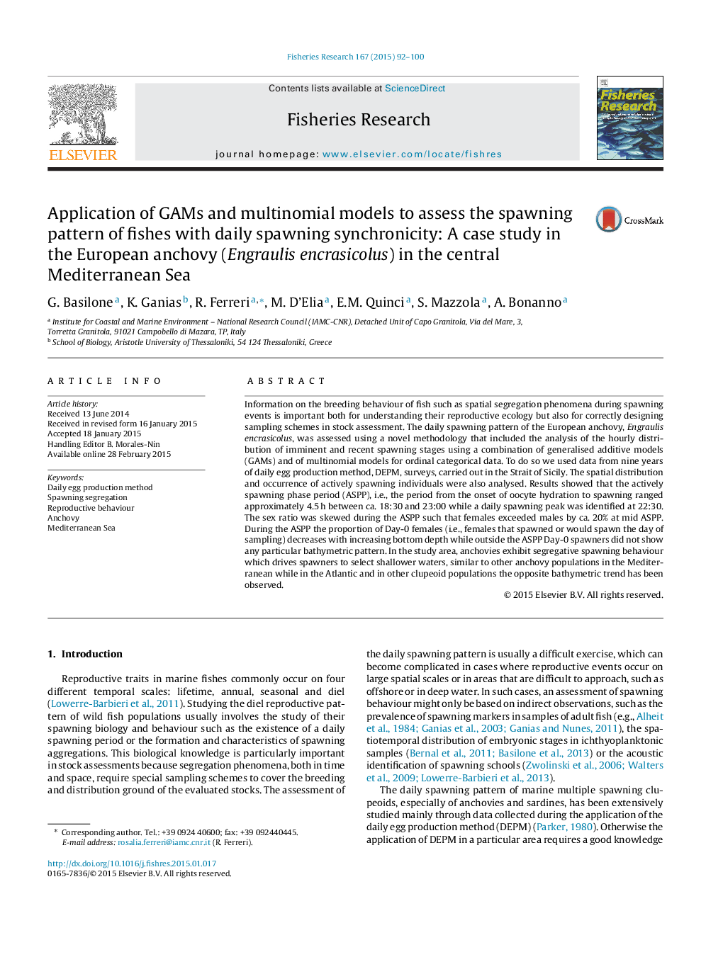 Application of GAMs and multinomial models to assess the spawning pattern of fishes with daily spawning synchronicity: A case study in the European anchovy (Engraulis encrasicolus) in the central Mediterranean Sea