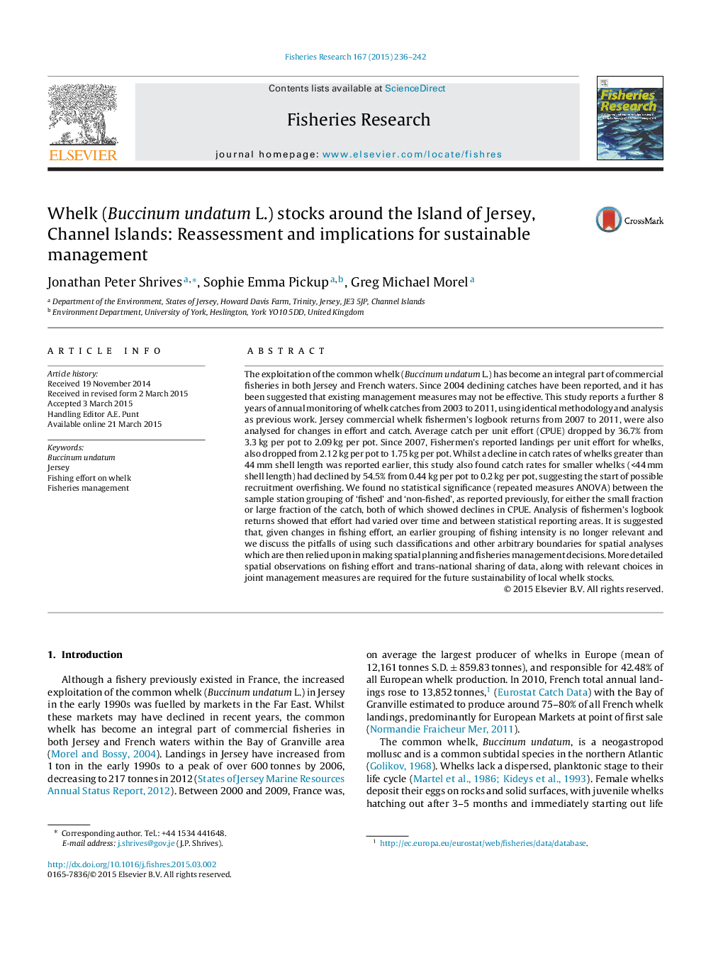 Whelk (Buccinum undatum L.) stocks around the Island of Jersey, Channel Islands: Reassessment and implications for sustainable management