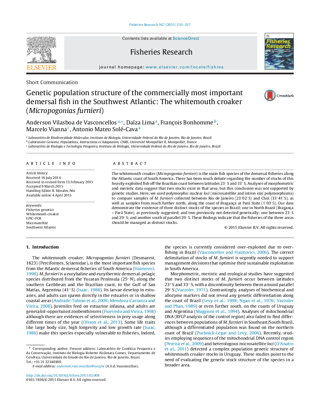 Genetic population structure of the commercially most important demersal fish in the Southwest Atlantic: The whitemouth croaker (Micropogonias furnieri)