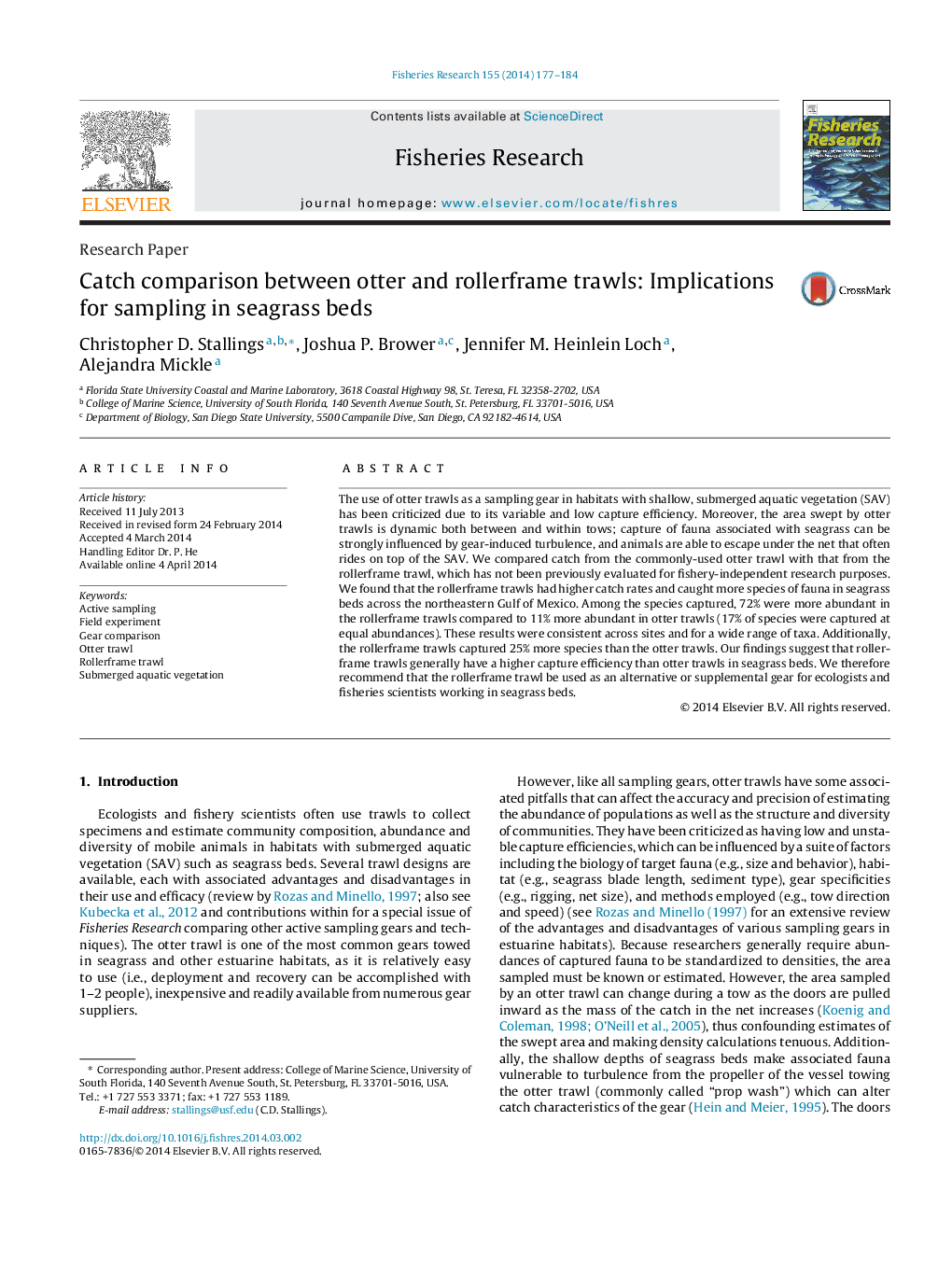 Catch comparison between otter and rollerframe trawls: Implications for sampling in seagrass beds